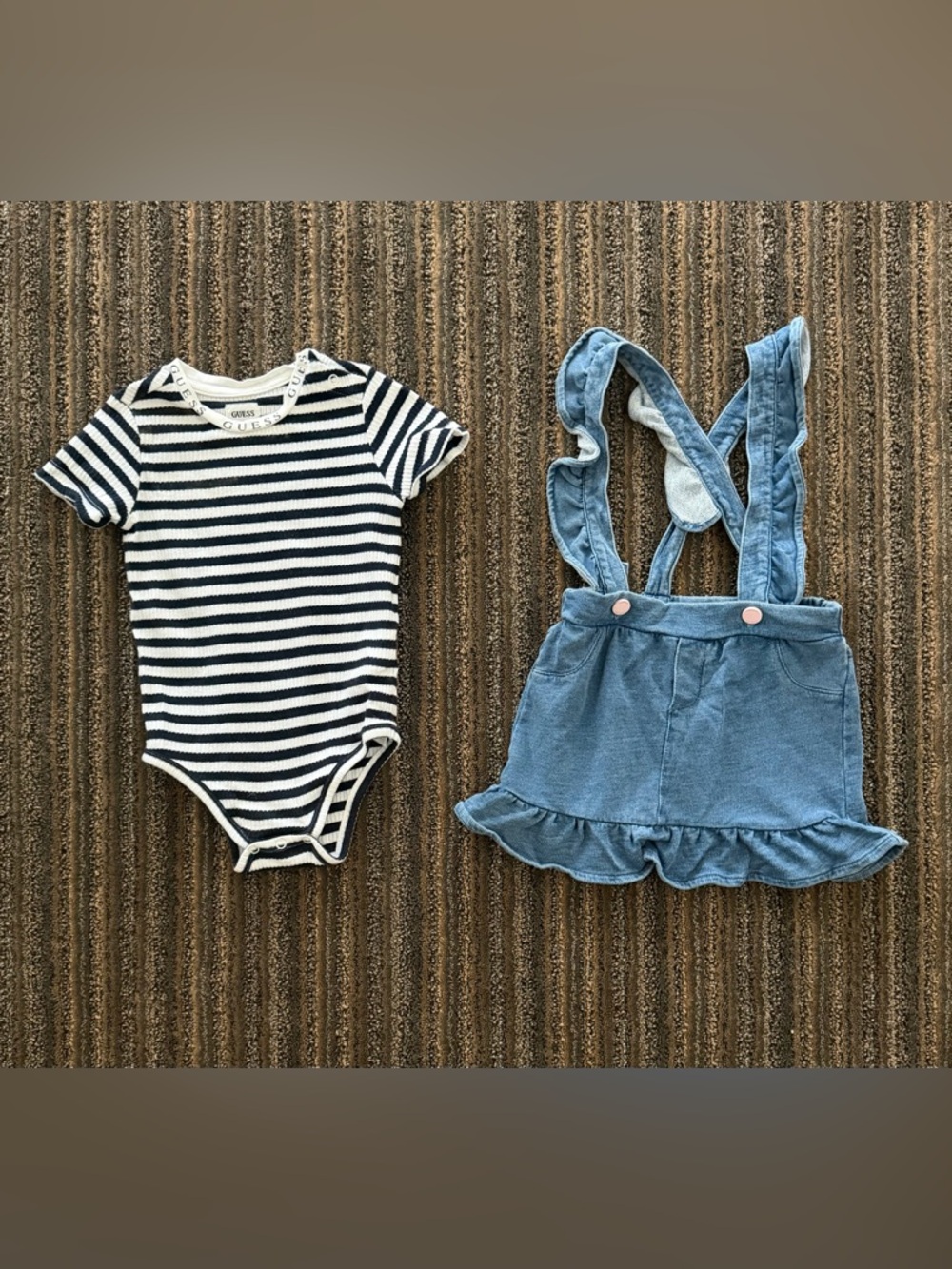 Guess Black & White Striped Bodysuit with Blue Denim Ruffle Suspender Skirt